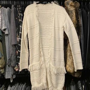 Womens Anthropologie Sweater Cardigan Fringe Cream Midi Medium